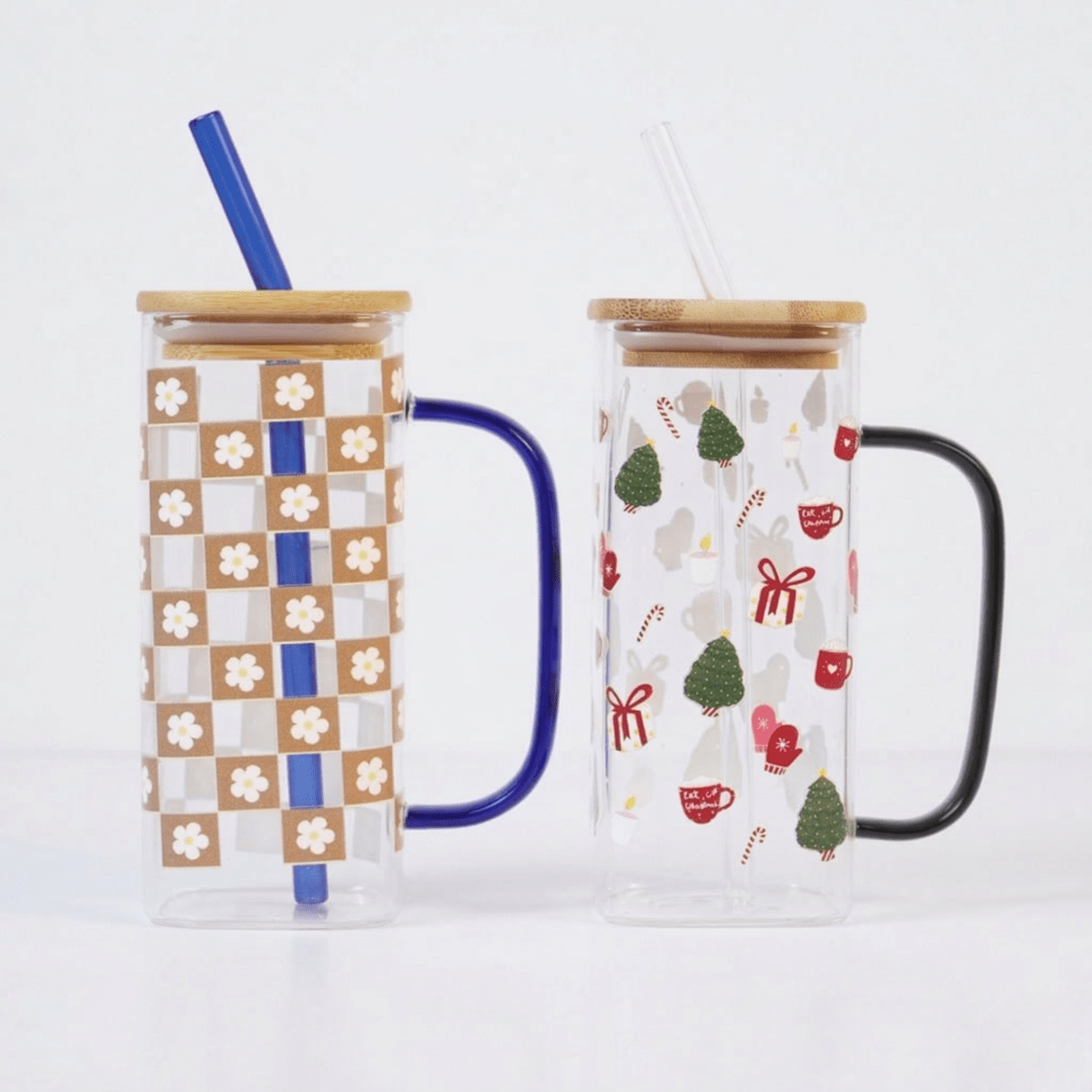 Set-2 Trendy Printed Glass Cup with Bamboo Lid & Straw - Memories Insite